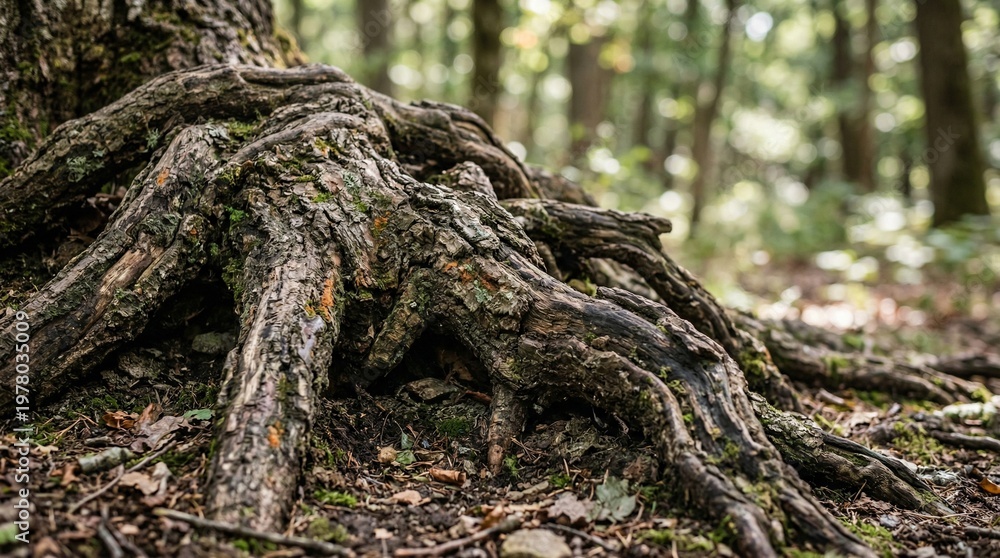 Fototapeta premium Ancient tree roots exposed in a forest, showing texture and age