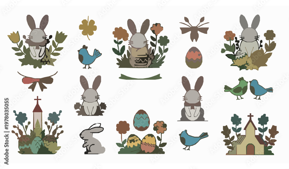 Obraz premium Easter illustrations – rabbits, eggs, flowers, and festive spring elements