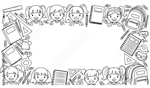 Happy school kids frame – black and white outline with copy space