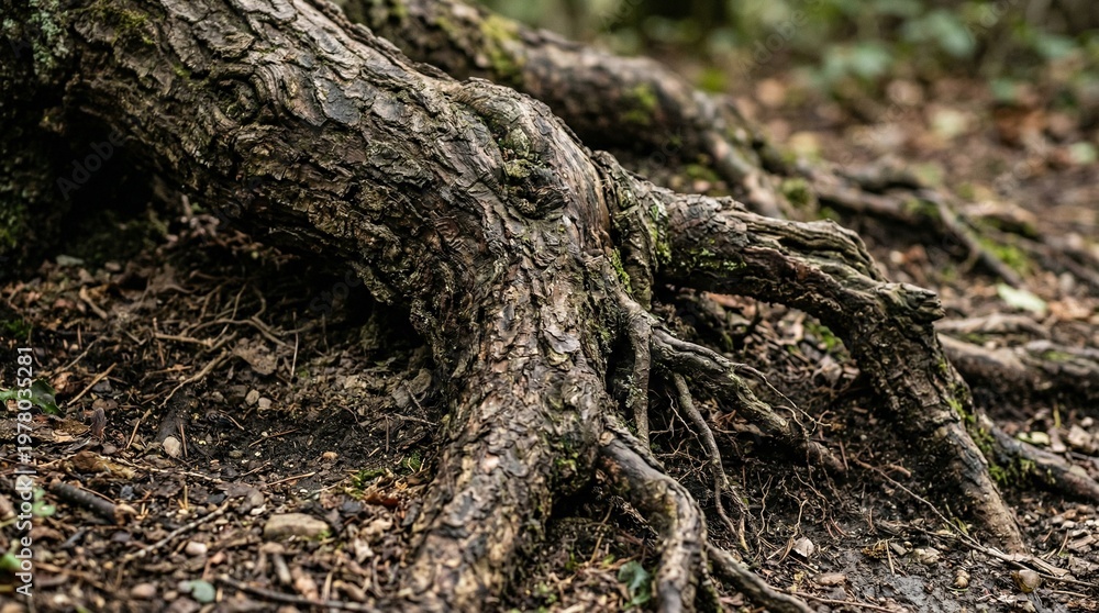 Fototapeta premium Close-up of ancient tree roots exposed on forest floor, natural texture and organic shapes