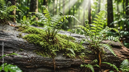 Sunlight filtering through lush green forest canopy onto mossy fallen log