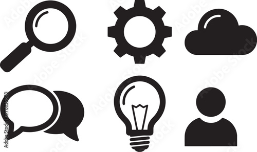 Collection of black solid icons representing technology and services with technology magnifying cogwheel settings preferences internet dialogue lightbulb innovation solution software