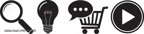 Magnifying glass light bulb chat bubbles shopping cart play button icons with magnifying discovery lightbulb inspiration creativity communication dialogue shopping ecommerce purchase