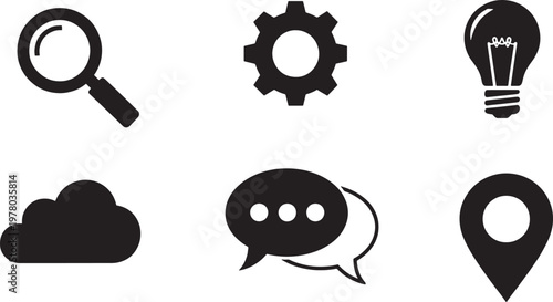 Magnifying glass gear light bulb cloud chat bubbles map pin icons with magnifying settings configuration lightbulb inspiration communication dialogue location illustration technology