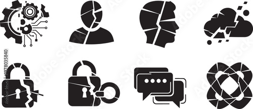 Broken technology cracked person cracked head cracked cloud broken lock chat bubbles icons with malfunction technology security communication dialogue illustration vulnerability overload