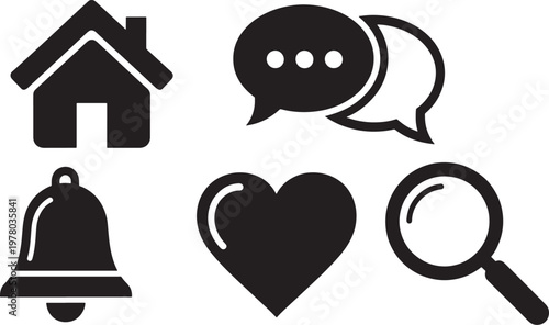 Collection of website and app navigation icons including home chat bell heart search with magnifying glass notification communication interface collection internet navigation minimalist