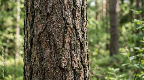 Close-up of rough pine tree bark texture in a lush green forest