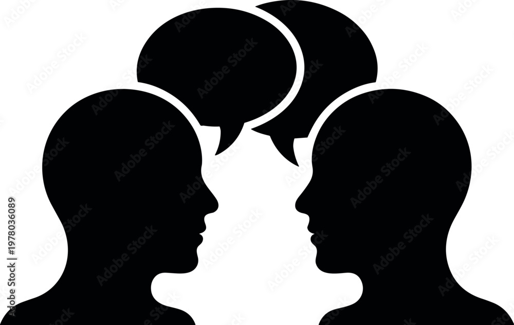 Fototapeta premium Two people talking with speech bubbles silhouette minimal black vector illustration for communication dialogue conversation and social interaction concept use