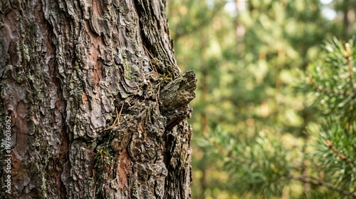 Close-up of rough pine tree bark with a knot and blurred green forest background