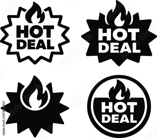 Black and white hot deal badges with flames and stars