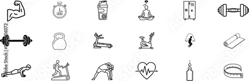 Collection of black and white line art icons representing various sports and activities