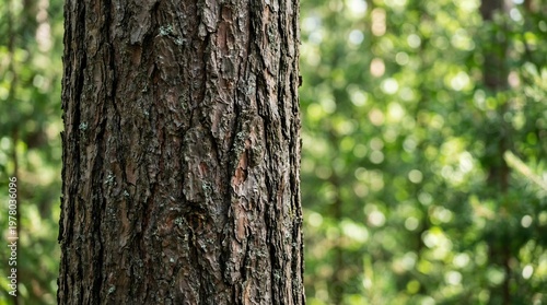 Close-up of a pine tree trunk with textured bark in a sunlit forest, blurred green background