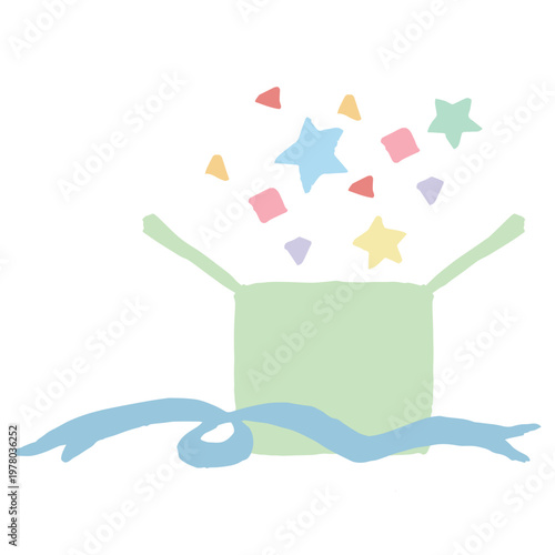ふわふわパステルバースデー｜緑のプレゼントボックス(星の紙吹雪) 幼稚園・保育園向けイラスト