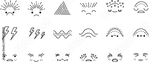 Flat vector illustration of abstract faces, emotive symbols, minimalist expressions, geometric line motifs, creative design elements