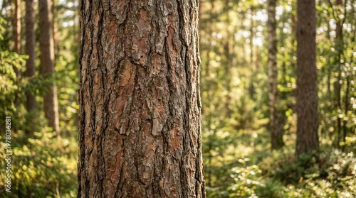 Close-up of a pine tree trunk with textured bark in a sunlit forest
