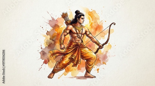 Rama the archer mythology art watercolor illustration spiritual journey dynamic pose