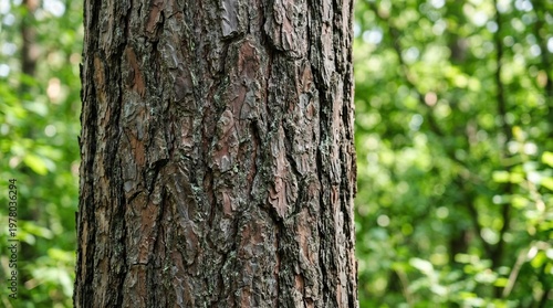Close-up of rough, textured pine tree bark in a lush green forest.