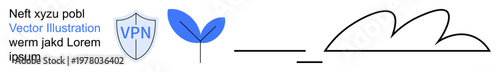 Digital security, eco-friendly ideas, cloud technology, environmental protection, connectivity, networking. Includes VPN shield, blue leaf simple cloud illustration. Digital security