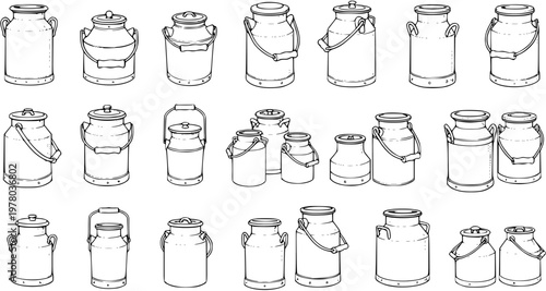 Assorted Milk Cans: Vintage Farm Dairy Vessel Collection in Outline Style