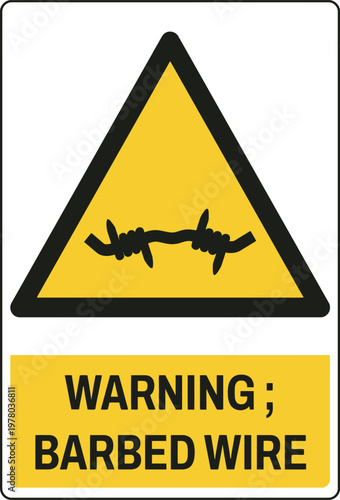 Barbed Wire Warning Sign Icon in Yellow Triangle for Safety and Perimeter Security