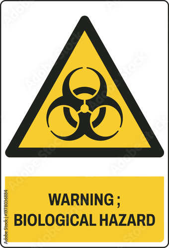 Biological Hazard Warning Sign with Biohazard Symbol and Warning Text on Yellow Background