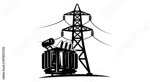 Electrical Transformer and Power Line Tower Vector Illustration