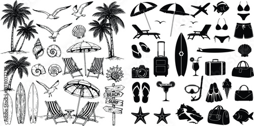Comprehensive Summer Beach Vacation Silhouette Icon Set