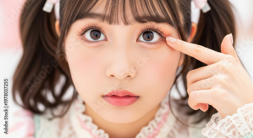 ぱっちりとした瞳と涙袋のメイクを見せるツインテールのキュートな女の子