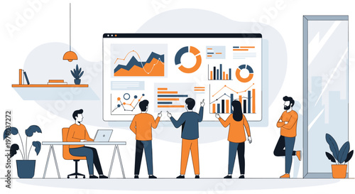Business people analyzing data on large screen in modern office with flat design in bright corporate colors for marketing presentation