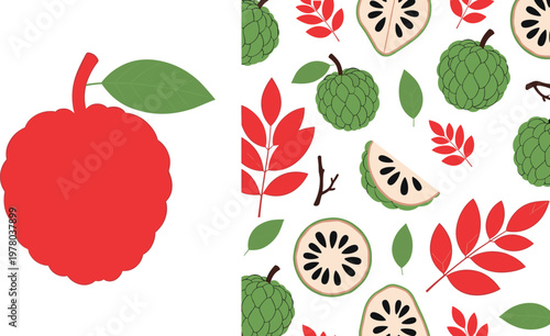Flat vector custard apple fruit illustration with whole and sliced pieces seamless pattern and leaves isolated on white background
