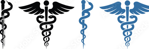 Caduceus and Rod of Asclepius medical symbols black blue vector illustration healthcare emblem design