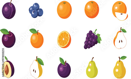 Isometric fresh fruit collection with plums blueberries oranges grapes and pears vector illustration