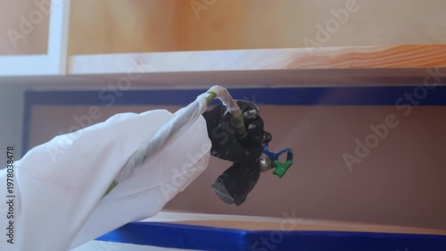 Worker using a spray gun to apply paint or coating inside cabinet during renovation. Close- p of professional finishing process