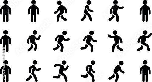 Walking and running stick figure silhouettes set minimal black vector illustration for motion activity sequence and user interface icon use