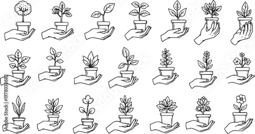 Line art collection of hands holding various potted plants, from small trees and leafy saplings to blooming flowers, symbolizing growth, care, nature, and gardening.