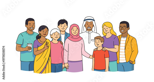 Illustration of a diverse multicultural community showing a multiethnic group of people standing in unity for social inclusion in society