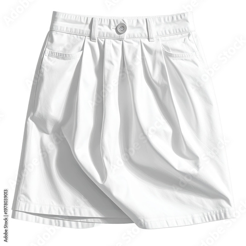 Crisp white pleated skirt with button closure and pockets on a clean background
