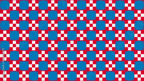 A vibrant seamless pattern featuring a repeating geometric arrangement of red blue and white shapes perfect for textiles or digital backgrounds.