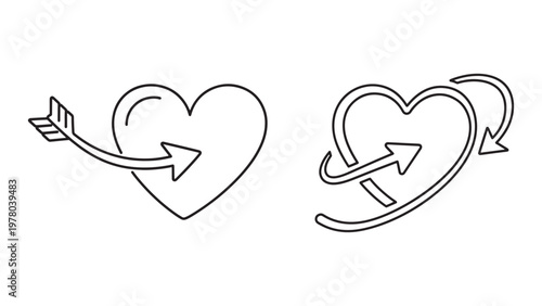 Minimalist black and white line art vector illustrations of two distinct heart symbols with arrows, representing love, romance, passion, and emotional connection.
