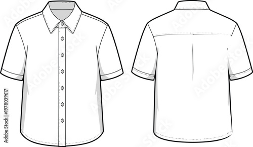 short sleeve shirt template, front back view, blank apparel mockup, button down shirt design, clothing vector illustration isolated