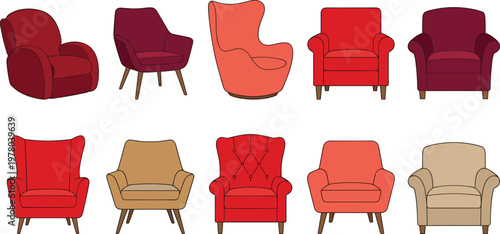 Collection of modern and classic armchairs in various styles and colors, comfortable living room furniture set in flat vector illustration