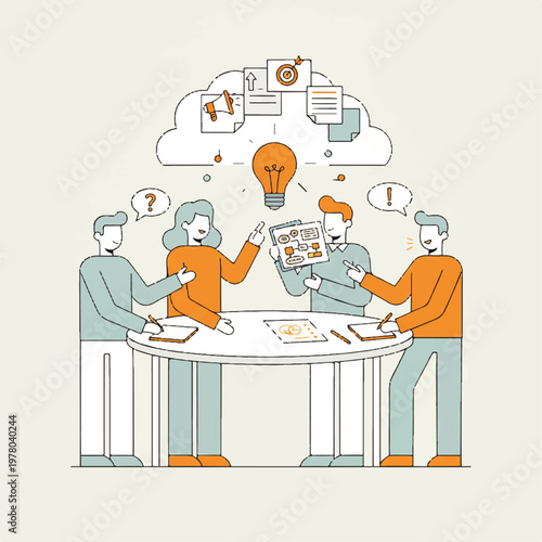 A group of people sitting around a table brainstorming ideas with a lightbulb above them