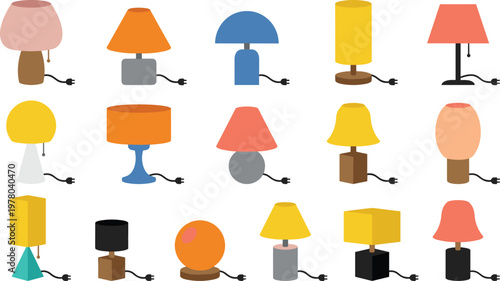 Set of colorful table lamps with cords in various modern shapes, decorative home lighting collection in flat vector illustration style