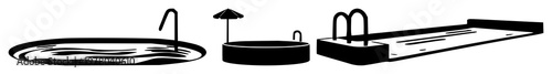Swimming pool icon set with solid black silhouette against pristine white background featuring pool, water, aquatic symbol with blue and waterline