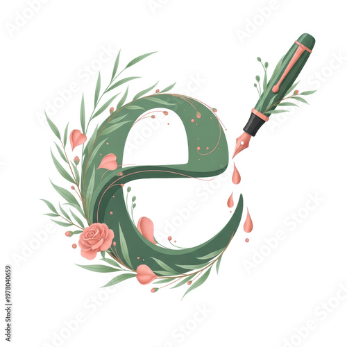 Wallpaper Mural Decorative letter e with fountain pen and floral elements Torontodigital.ca
