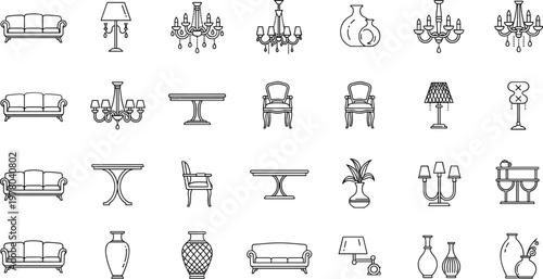 Classic furniture and home decor line icons set with sofa table lamp chandelier vase and interior design elements