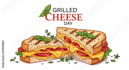 A colorful vector illustration celebrating Grilled Cheese Day, depicting two golden toasted sandwiches with gooey melted cheese and fresh basil, set against a clean white background