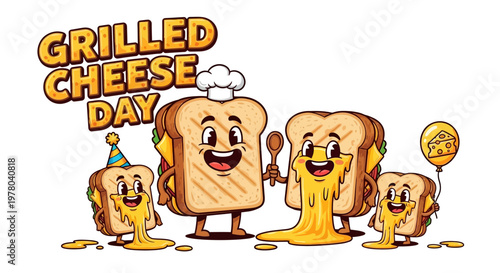 A cheerful vector illustration celebrates Grilled Cheese Day with cartoon sandwiches, one wearing a chef's hat and another a party hat, all with dripping, melted cheese against a clean