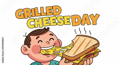 Cartoon illustration celebrating Grilled Cheese Day, showing a cheerful character enjoying a gooey, melted cheese sandwich against a clean white background, styled as a colorful vector