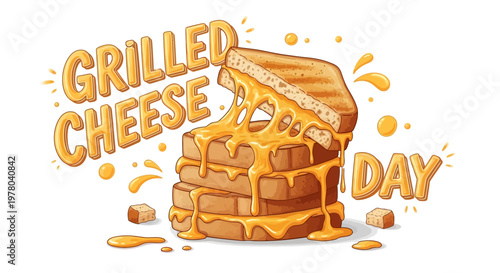 Vector illustration depicting a stack of grilled cheese sandwiches with gooey, melted cheese dripping down, styled as a celebration of Grilled Cheese Day, set against a clean white